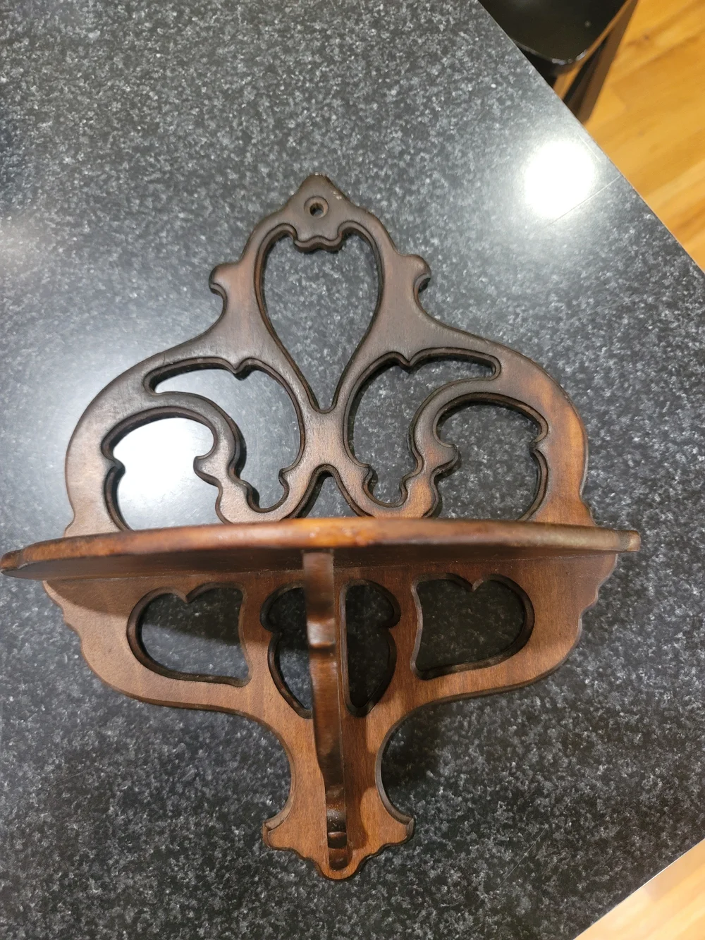 Vintage Butler Style 129 Brown Wood Wall Mounted Shelf with Ornate Backplate